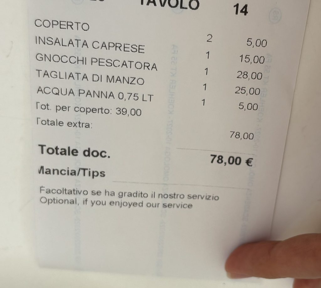 ポジターノでの昼食の費用